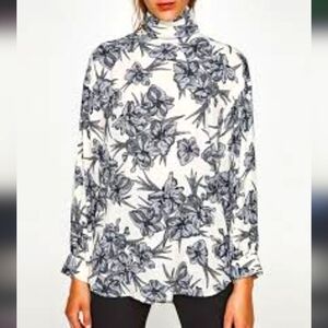 Zara Ivory and Navy Floral Blouse